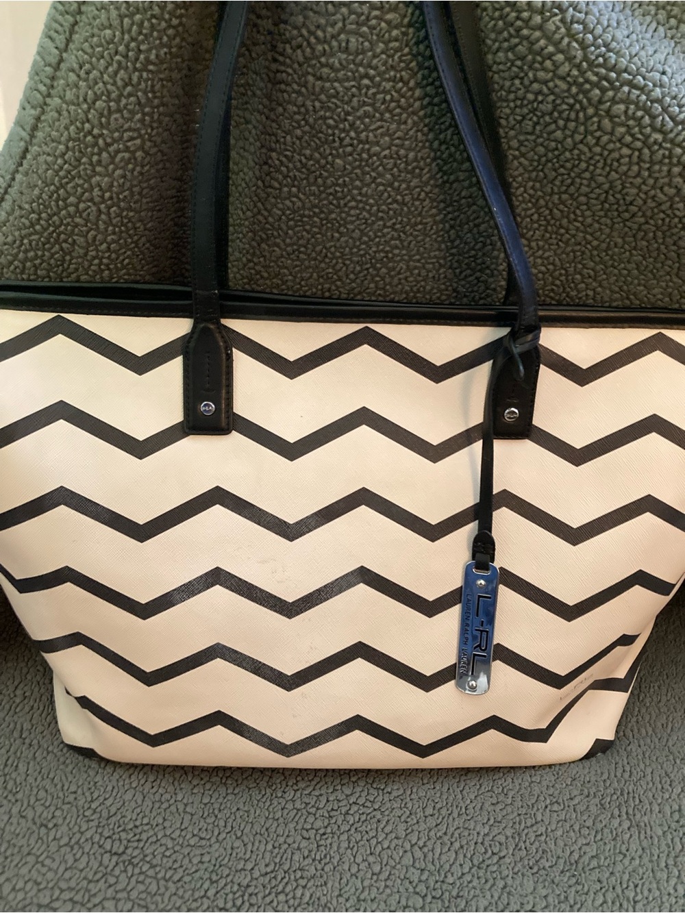 Lauren Ralph Lauren Black and Cream Chevron Tote